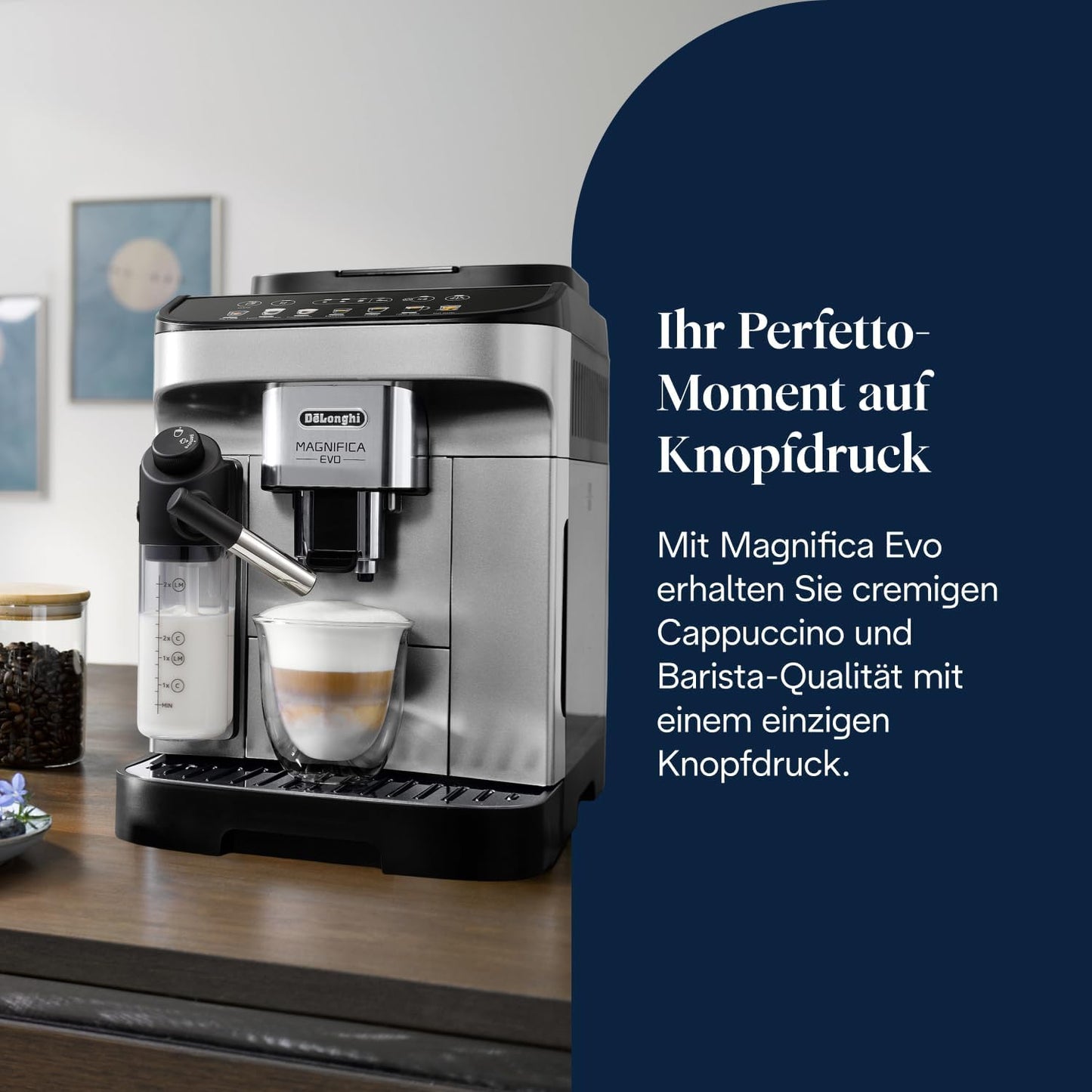 De’Longhi Magnifica Evo (ECAM292.81.SB)- Kaffeevollautomat mit Vollautomatischem cremigen Milchschaum, 7 One-Touch-Getränke, Cappuccino & Espresso, Kaffeemaschine, Soft-Touch-Bedienfeld, Silber